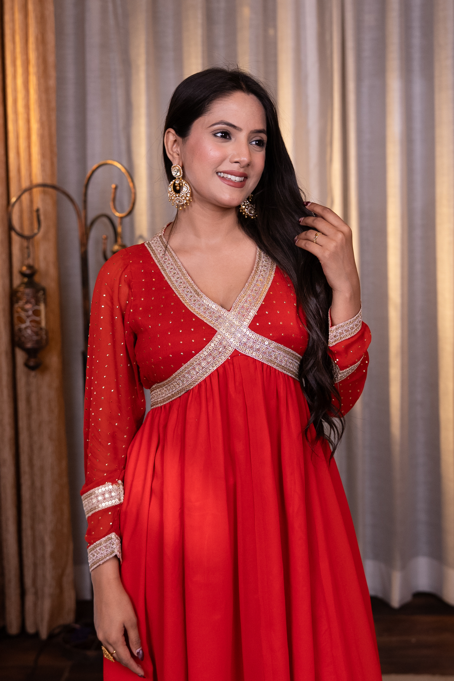 Anarkali lace work kurta with churidaar and dupatta