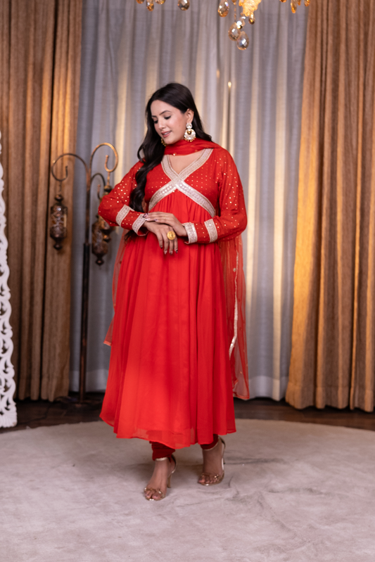 Anarkali lace work kurta with churidaar and dupatta
