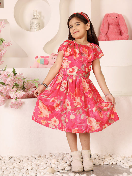 Girls Floral Printed Gathered Cape Sleeve Chiffon Fit & Flare Dress