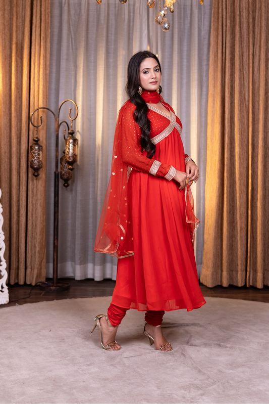 Anarkali lace work kurta with churidaar and dupatta