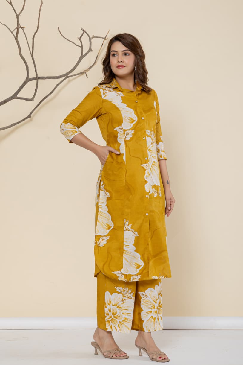 Women Shirt Collar Pure Cotton Kurta with Palazzos