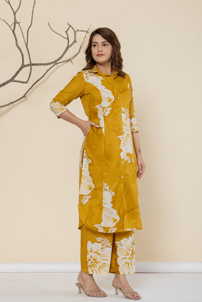 Women Shirt Collar Pure Cotton Kurta with Palazzos
