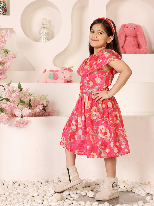 Girls Floral Printed Gathered Cape Sleeve Chiffon Fit & Flare Dress