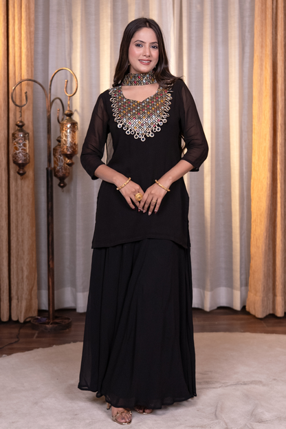 Mirror and sequins work kurta set with palazzo and dupatta