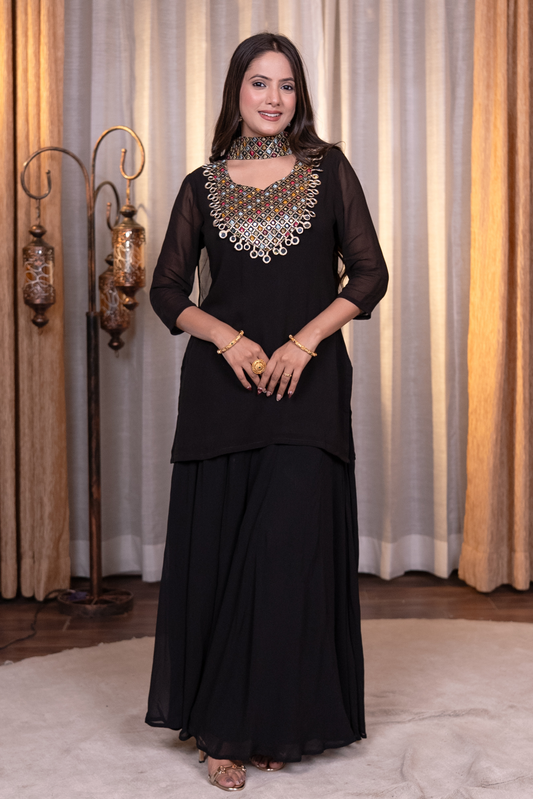 Mirror and sequins work kurta set with palazzo and dupatta