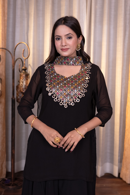 Mirror and sequins work kurta set with palazzo and dupatta
