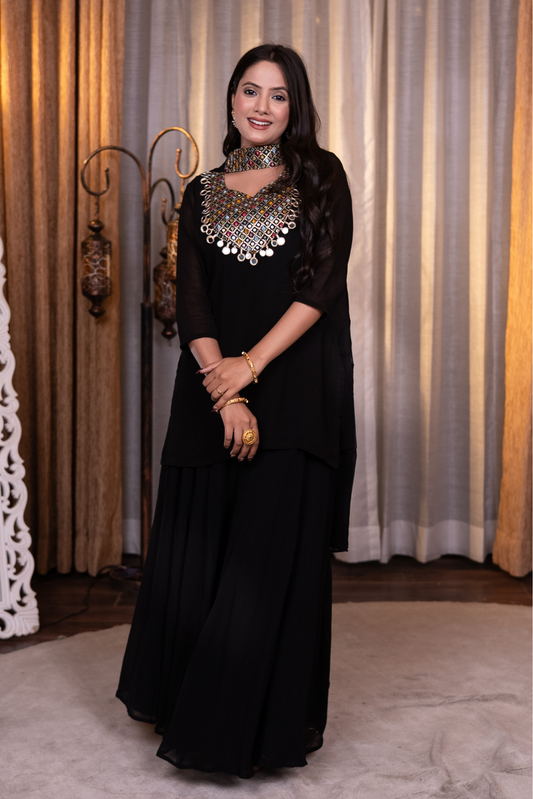 Mirror and sequins work kurta set with palazzo and dupatta
