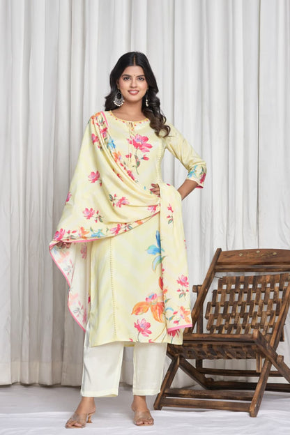 Floral Printed Keyhole Neck Thread Work Pure Cotton Kurta With Trousers & Dupatta