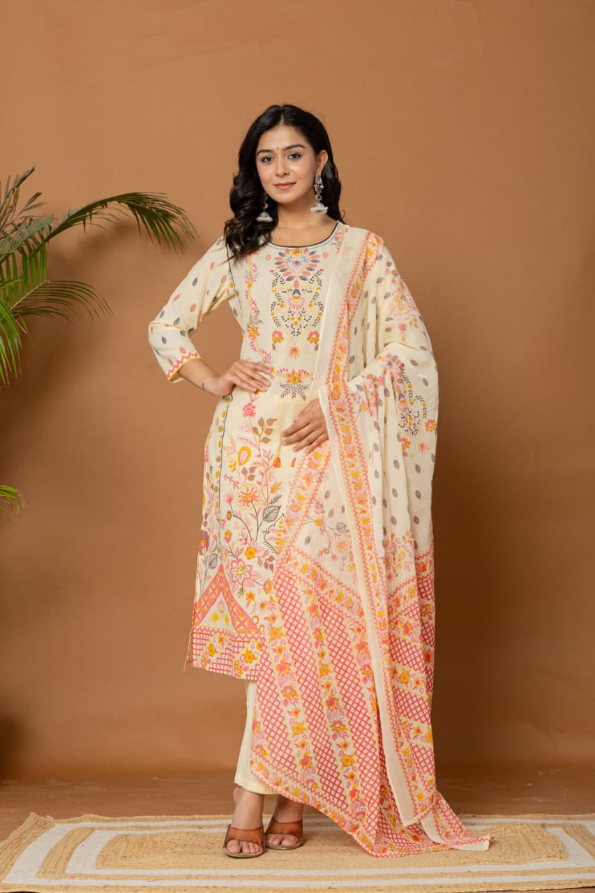 Women Floral Printed Regular Pure Cotton Kurta with Trousers & Dupatta