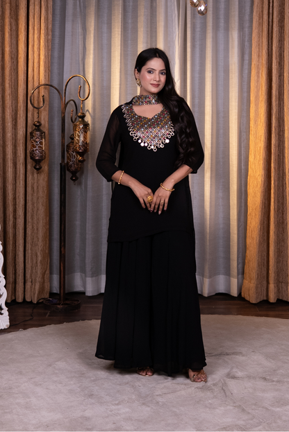 Mirror and sequins work kurta set with palazzo and dupatta