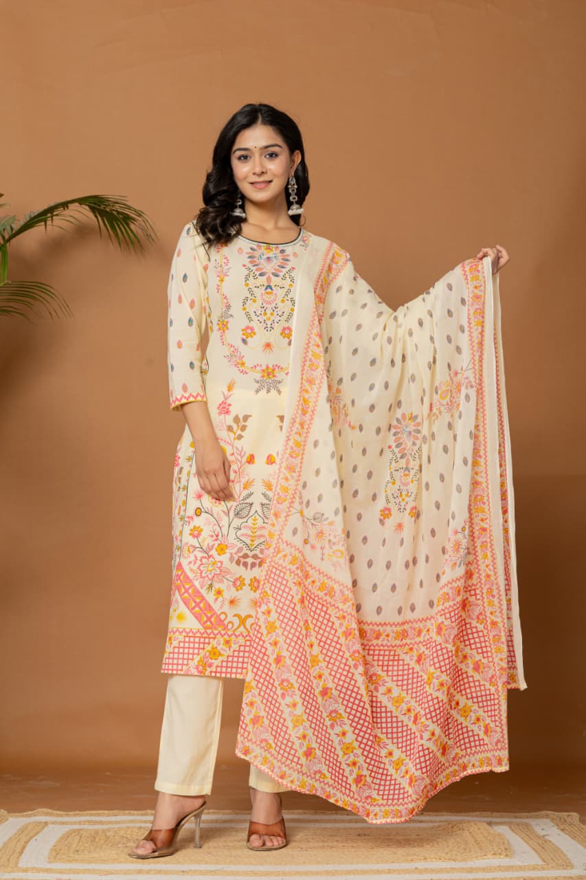 Women Floral Printed Regular Pure Cotton Kurta with Trousers & Dupatta