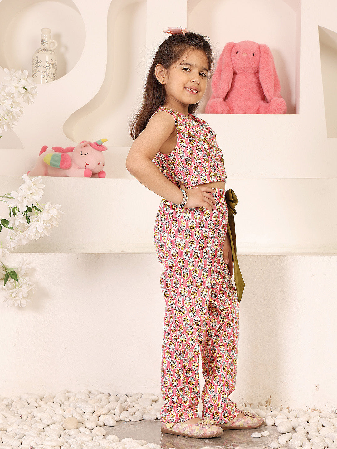 Girls Printed V-Neck Top And Trousers
