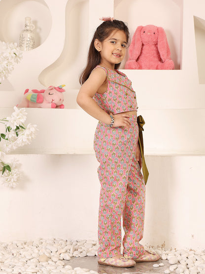 Girls Printed V-Neck Top And Trousers