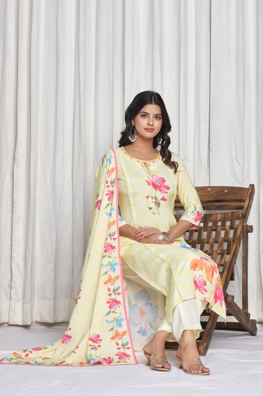 Floral Printed Keyhole Neck Thread Work Pure Cotton Kurta With Trousers & Dupatta