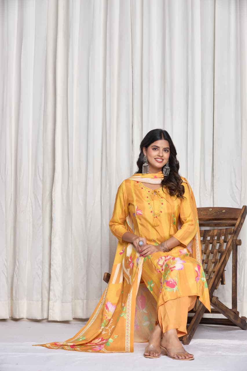 Floral Printed Keyhole Neck Thread Work Straight Kurta With Trousers & Dupatta