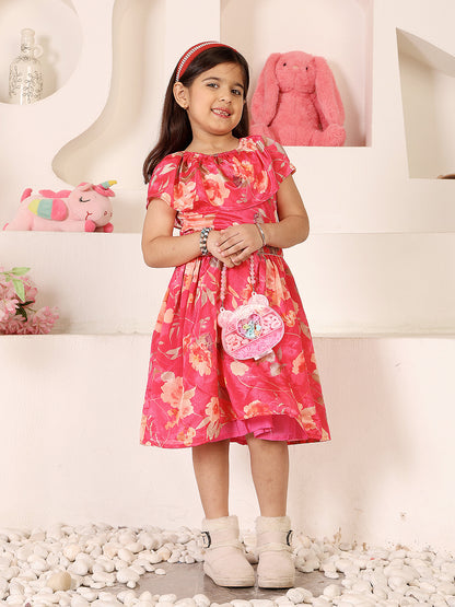 Girls Floral Printed Gathered Cape Sleeve Chiffon Fit & Flare Dress