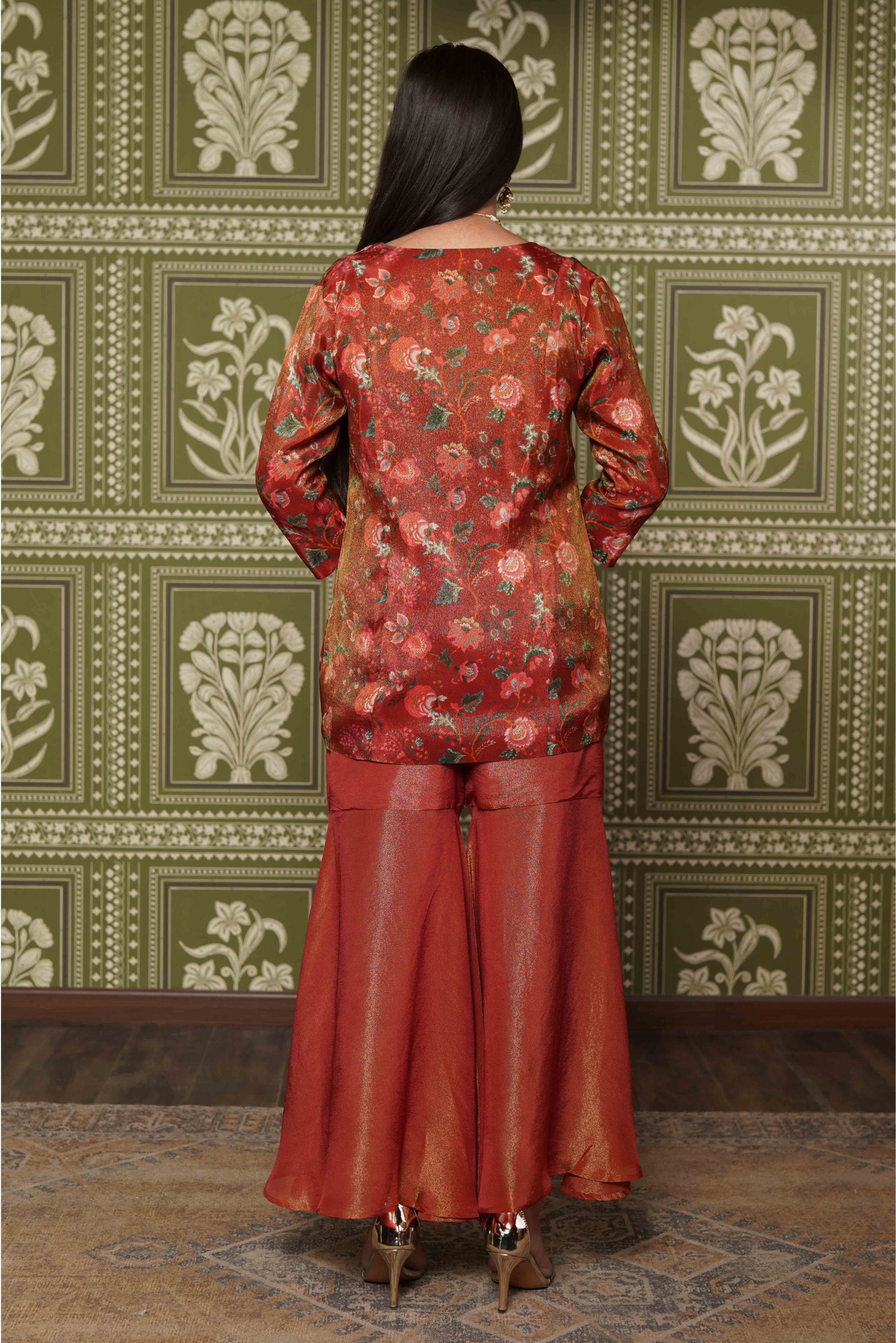 V- NECK FLORAL PRINTED TISSUE RED CO-ORDS SET