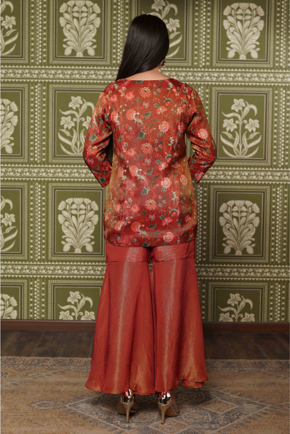 V- NECK FLORAL PRINTED TISSUE RED CO-ORDS SET