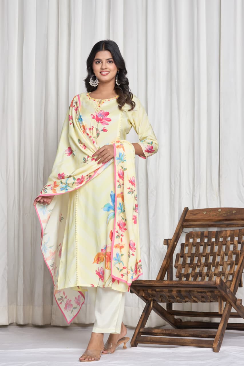 Floral Printed Keyhole Neck Thread Work Pure Cotton Kurta With Trousers & Dupatta