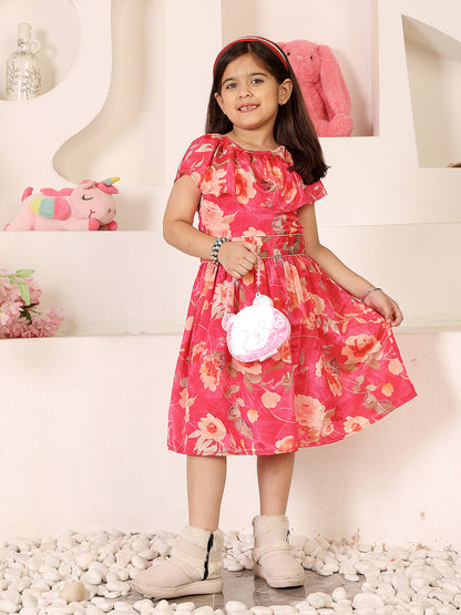 Girls Floral Printed Gathered Cape Sleeve Chiffon Fit & Flare Dress