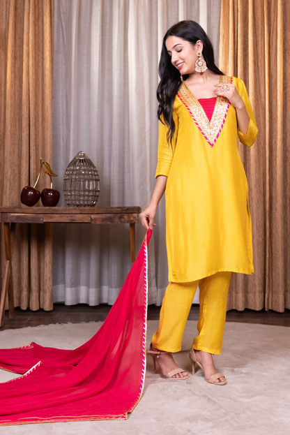 Straight lace work kurta with pant and dupatta