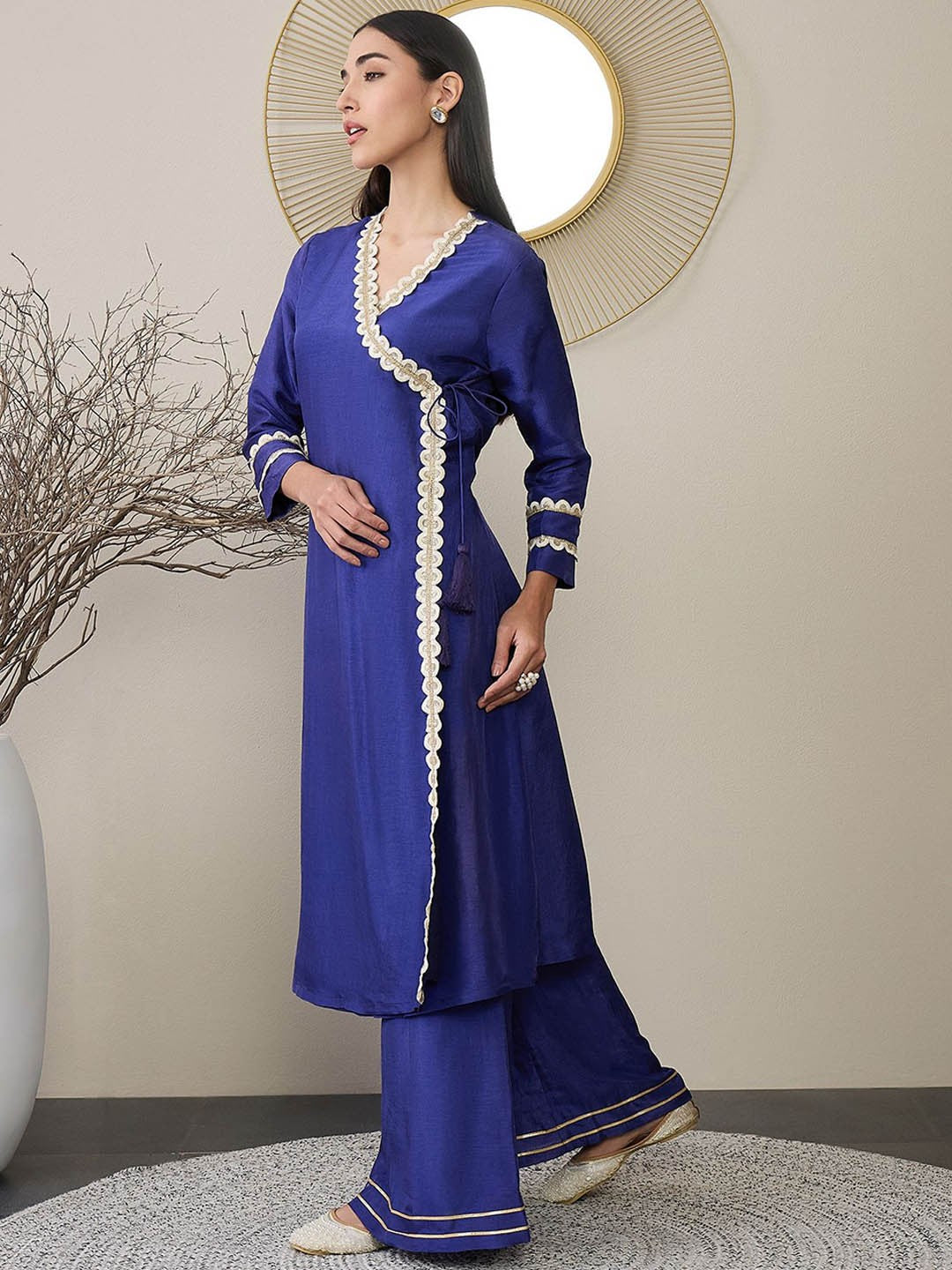 Adornia Solid Silk Blend Angrakha Kurta Set with Gotta Patti Detailing