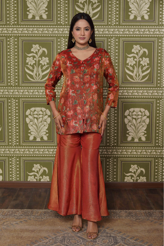 Tissue Floral Printed Red Co-Ords Set