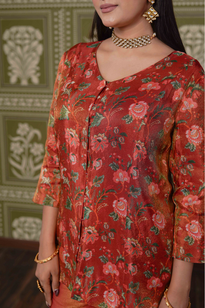 Tissue Floral Printed Red Co-Ords Set