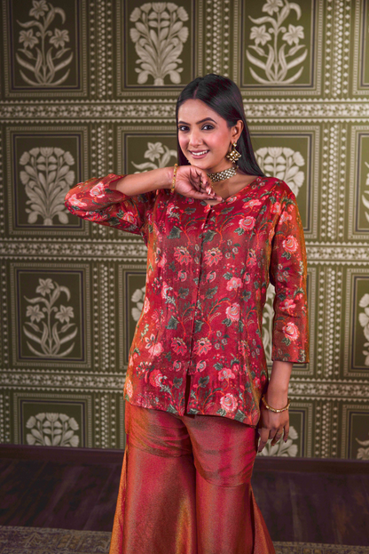 Tissue Floral Printed Red Co-Ords Set