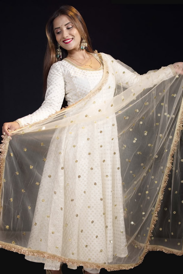 Embroidered Panelled Chanderi Silk Kurta with Churidar & With Dupatta