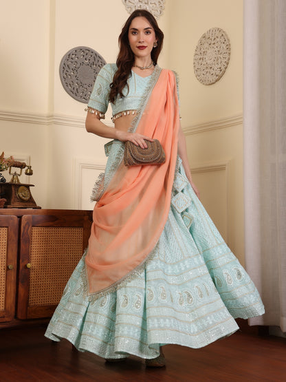 Embroidered Sequinned Lehenga & Blouse With Dupatta