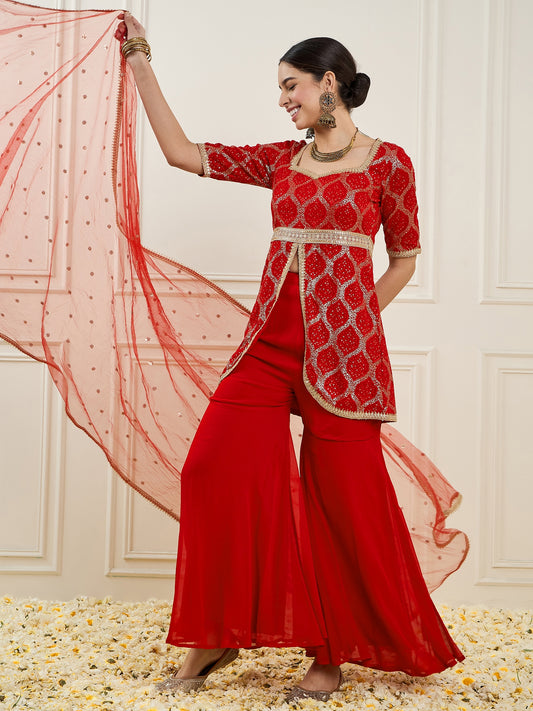 Women Embroidered High Slit Sequinned Silk Georgette Kurta with Sharara & With Dupatta