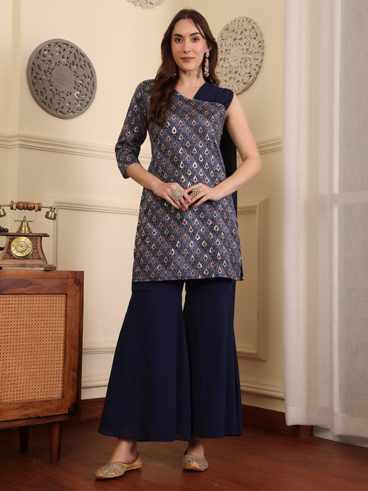 Ethnic Motifs Printed Asysmmetric Neck Sequinned Straight Kurta With Sharara