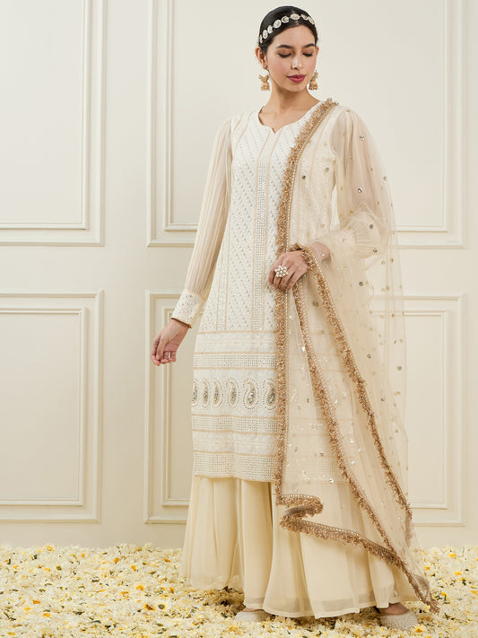 Ethnic Motifs Embroidered Sequinned Straight Kurta With Palazzos & Dupatta