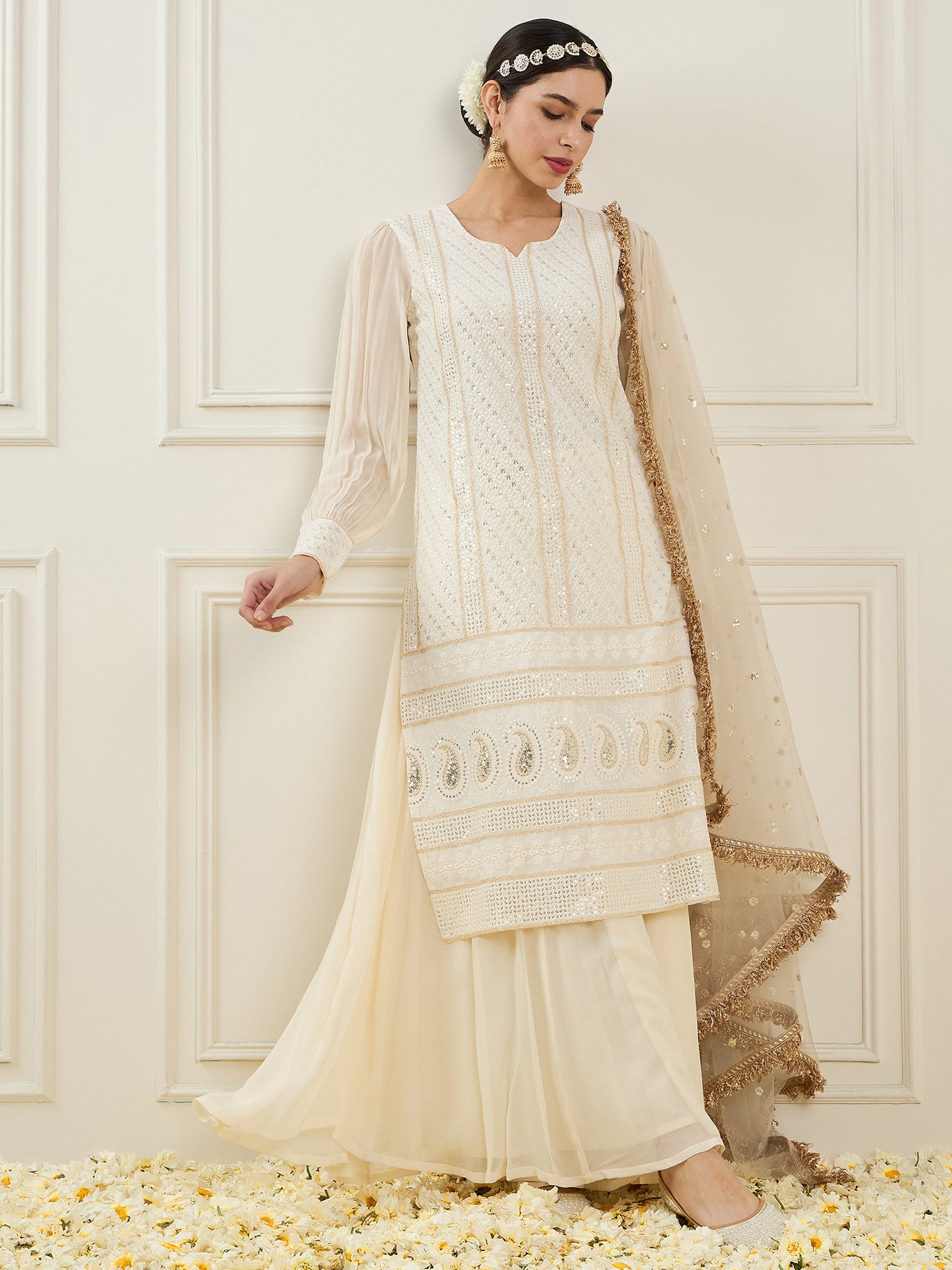 Ethnic Motifs Embroidered Sequinned Straight Kurta With Palazzos & Dupatta