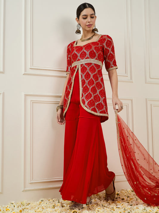 Women Embroidered High Slit Sequinned Silk Georgette Kurta with Sharara & With Dupatta