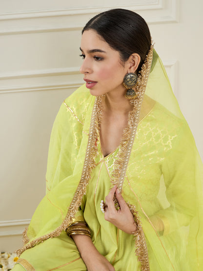 Empire V-Neck Chanderi Silk A-Line Kurta with Palazzo & Dupatta