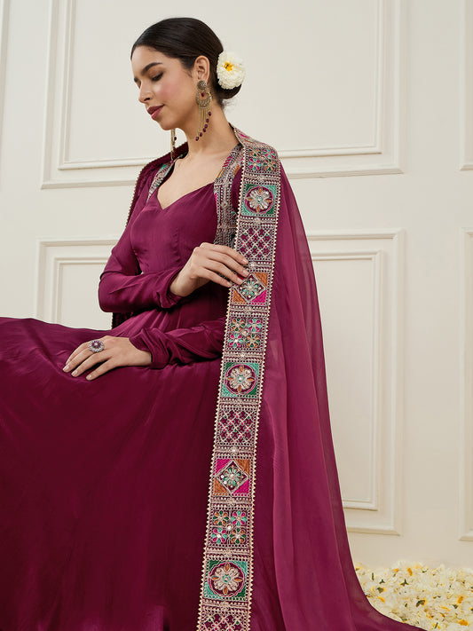 Woven Design Embroidered Thread Work Anarkali Kurta with Churidar & Dupatta