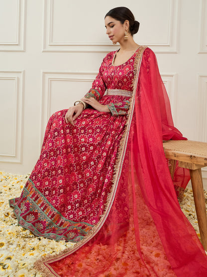 Ethnic Motifs Printed Gathered Detailed Silk Maxi Dress With Dupatta