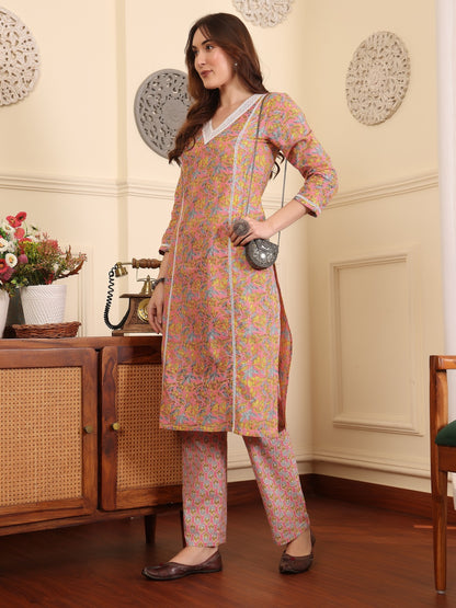 Women Floral Printed Regular Thread Work Pure Cotton Kurta with Trousers