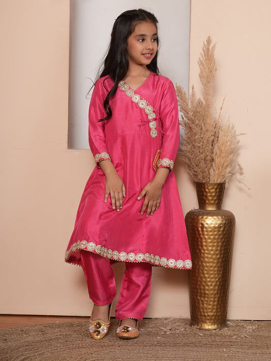 Pink  angrakha kurta set with orange dupatta