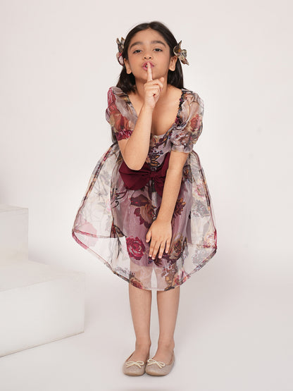 Wine floral printed organza dress