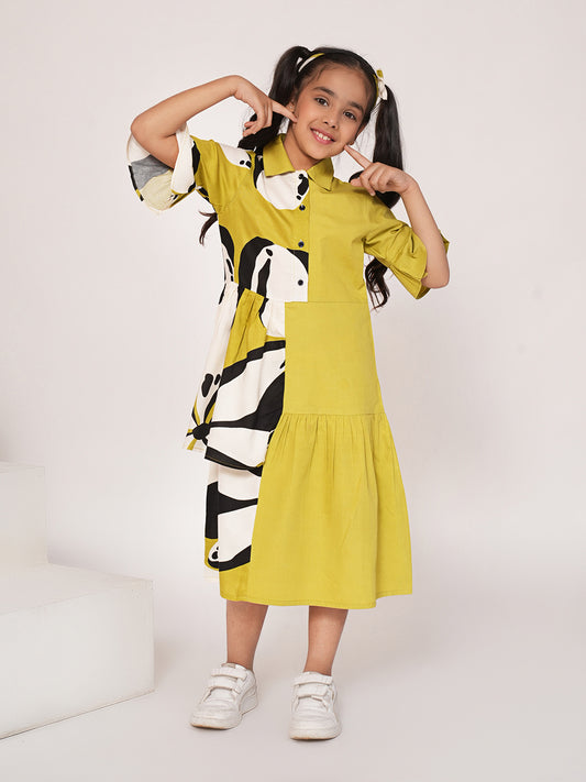 Panelled floral printed green dress