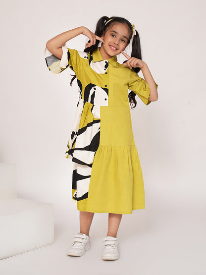 Girls Colourblocked Cotton Fit & Flare Dress