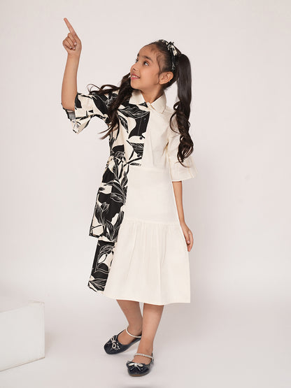 Panelled floral printed white dress
