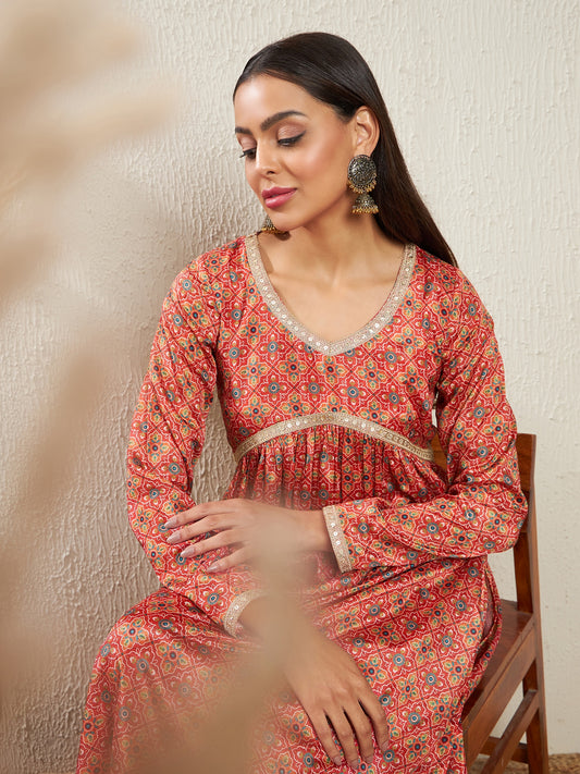 Printed Empire Silk Crepe Kurta & Trousers