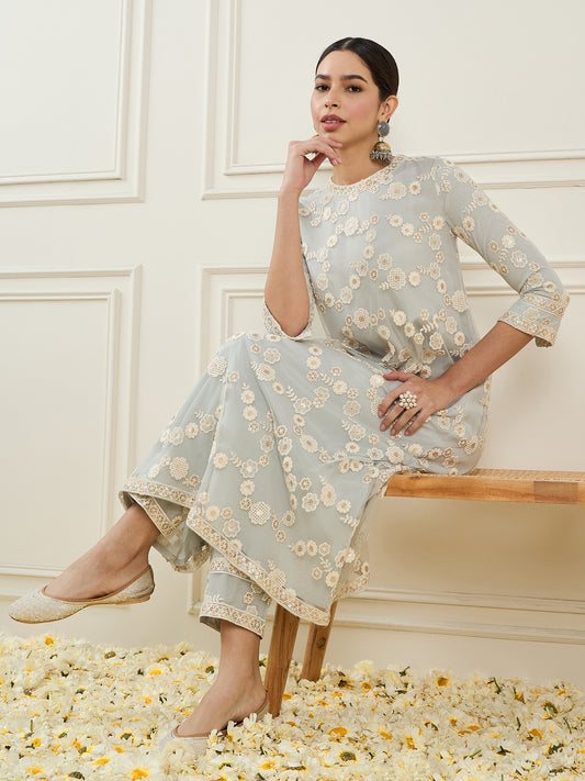 Floral Embroidered Round Neck Regular A-Line Kurta & Trousers