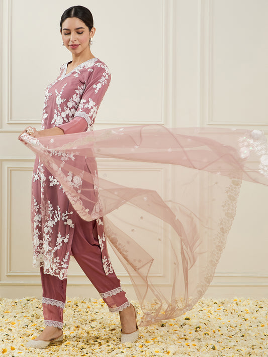 Floral Embroidered V-Neck Regular Straight Kurta With Trousers & Dupatta