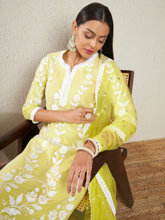 Embroidered Notch Neck Sequinned Straight Kurta With Trousers & Dupatta