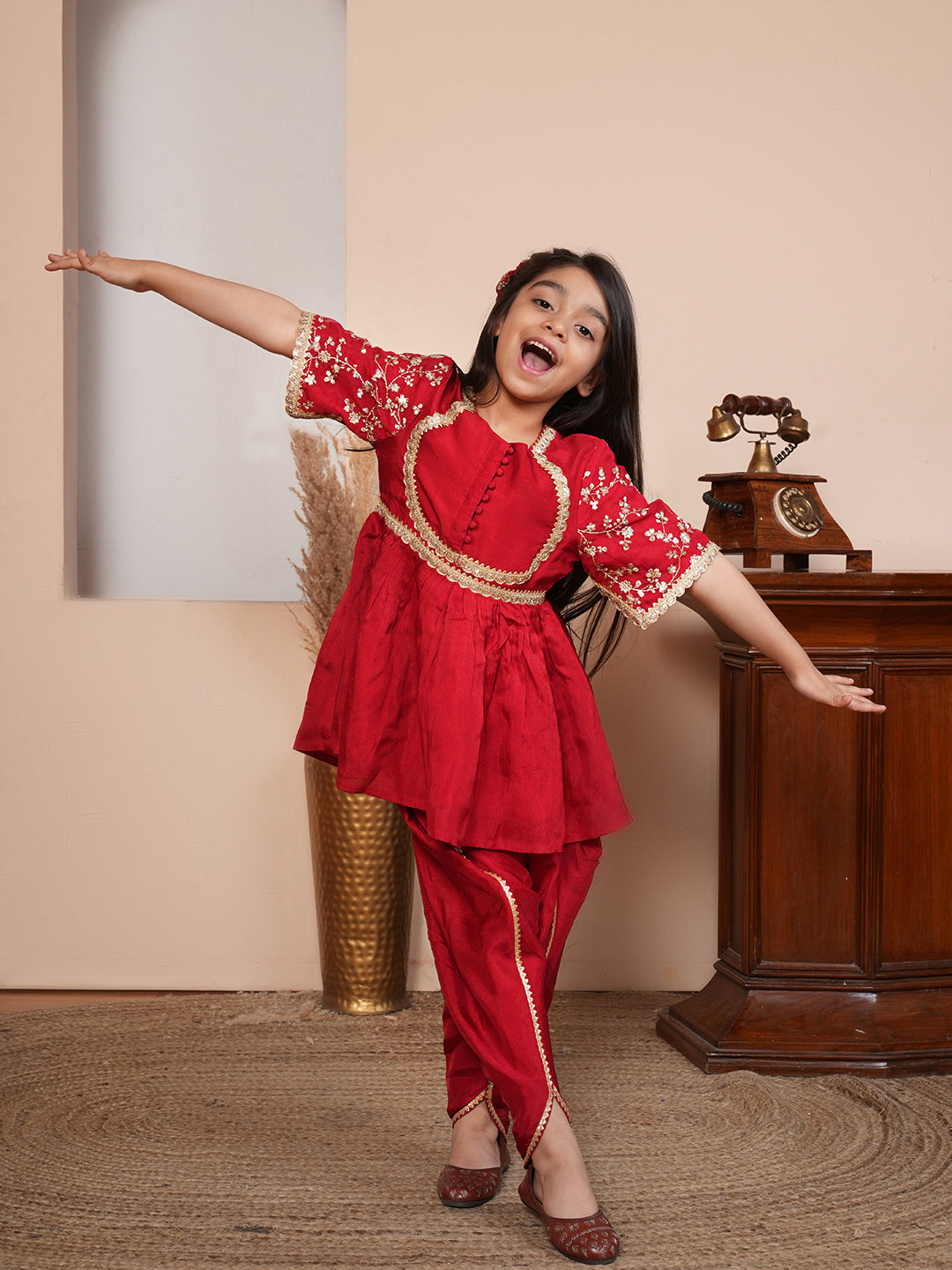 Girls Solid Embroidered Kurta with Dhoti Pant & Dupatta